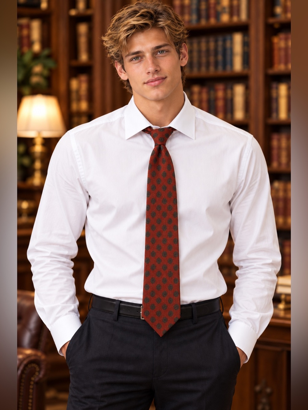 Bigi Handmade Italian Maroon Tie with Navy Geometric Pattern